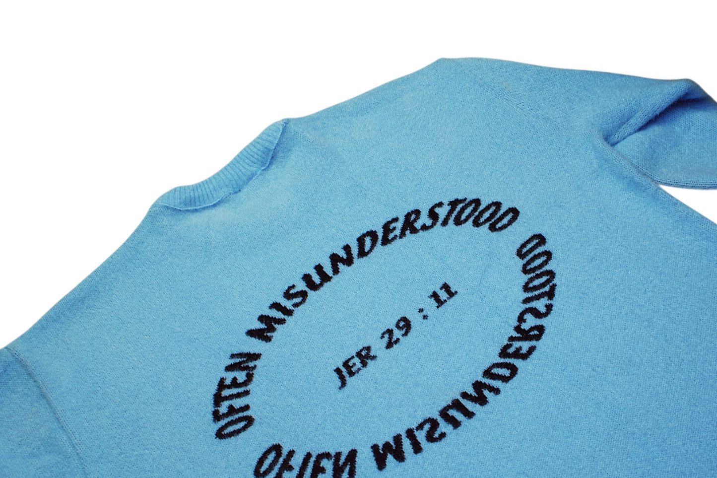 OM “Often Misunderstood | Jeremiah 29:11” Luxe Fuzzy Knit Sweater – Sky Blue/Black