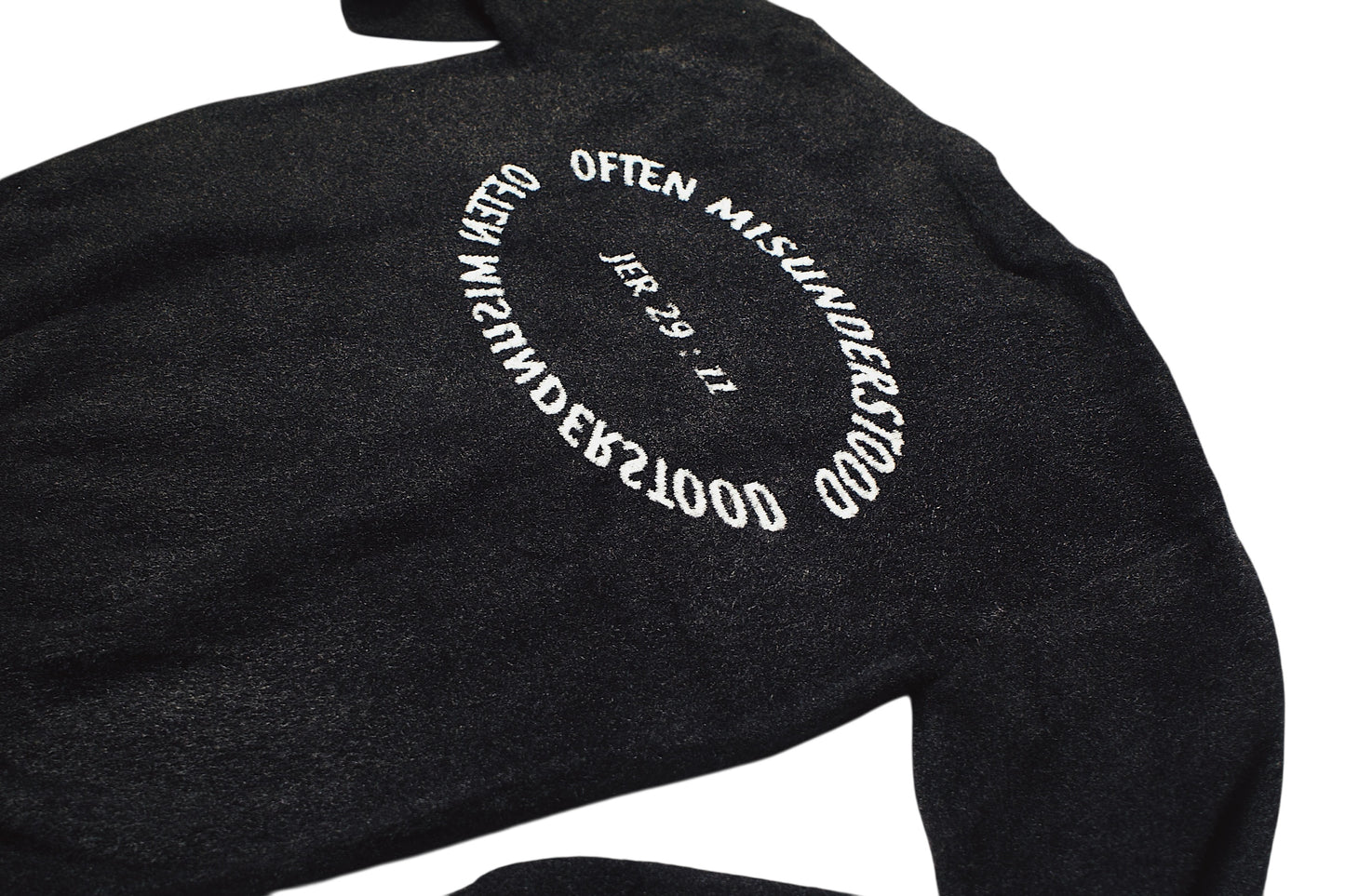 OM “Often Misunderstood – Jeremiah 29:11” Knit Crewneck Sweater (Black/White)