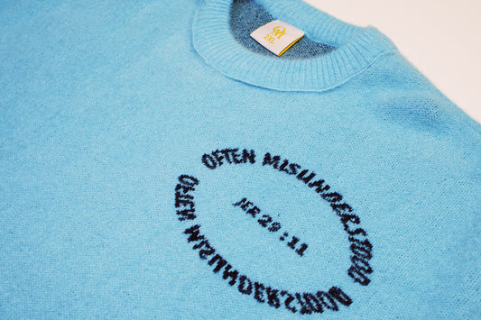 OM “Often Misunderstood | Jeremiah 29:11” Luxe Fuzzy Knit Sweater – Sky Blue/Black