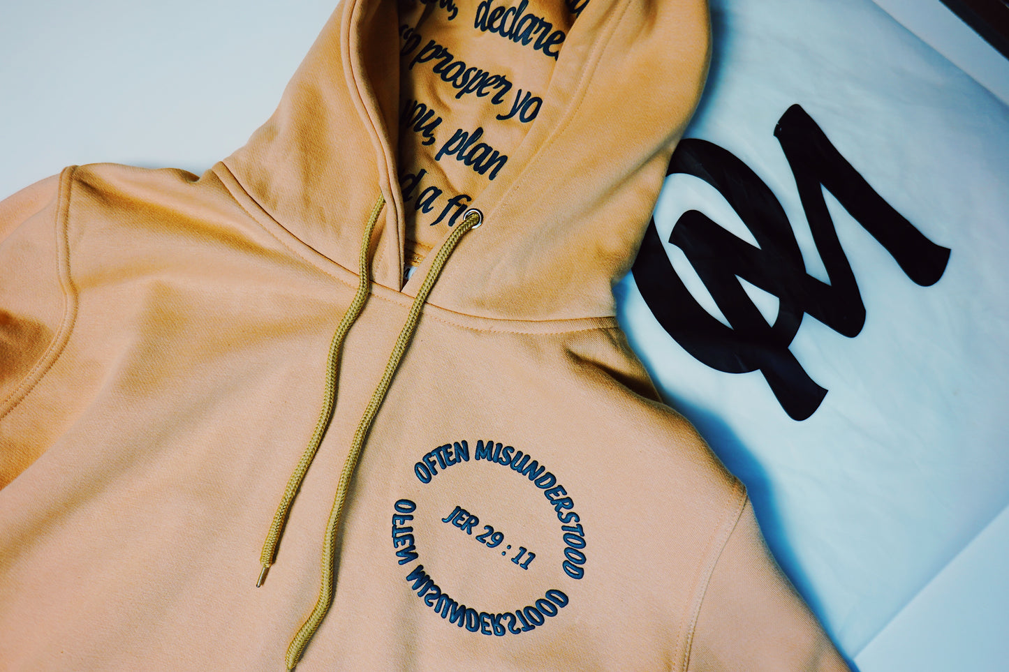 OM “God’s Timing Is the Best Timing” Hoodie – Desert Peach / Teal Puff Print