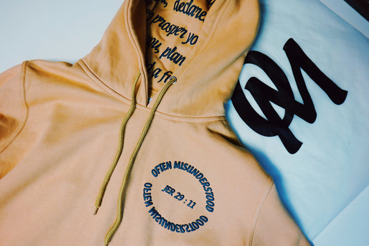 OM “God’s Timing Is the Best Timing” Hoodie – Desert Peach / Teal Puff Print