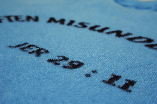 OM “Often Misunderstood | Jeremiah 29:11” Luxe Fuzzy Knit Sweater – Sky Blue/Black