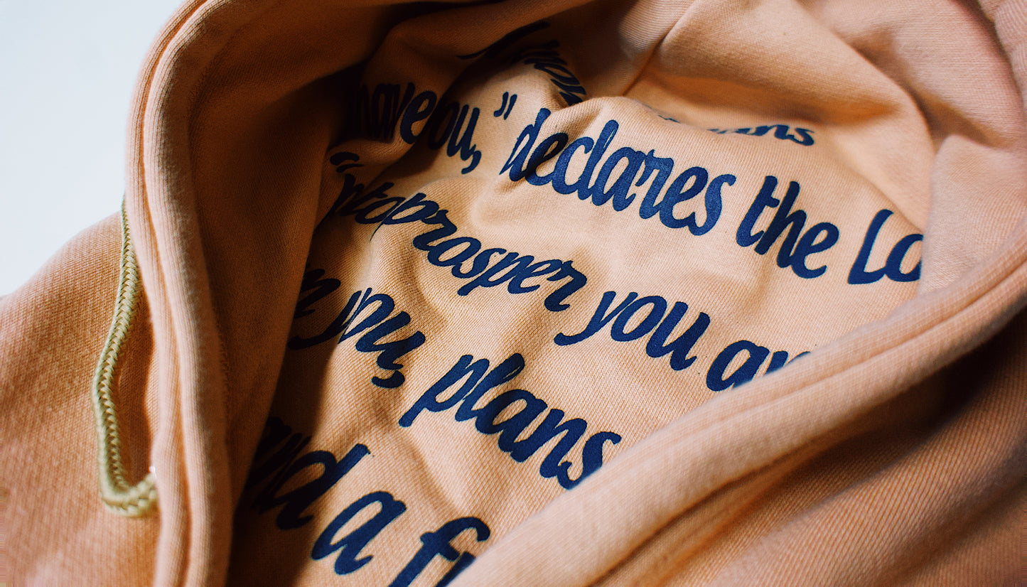 OM “God’s Timing Is the Best Timing” Hoodie – Desert Peach / Teal Puff Print