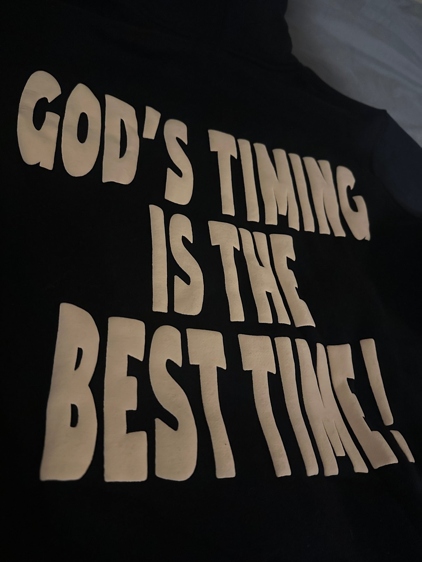 OM “God’s Timing Is the Best Timing” Hoodie –Black/ Cream