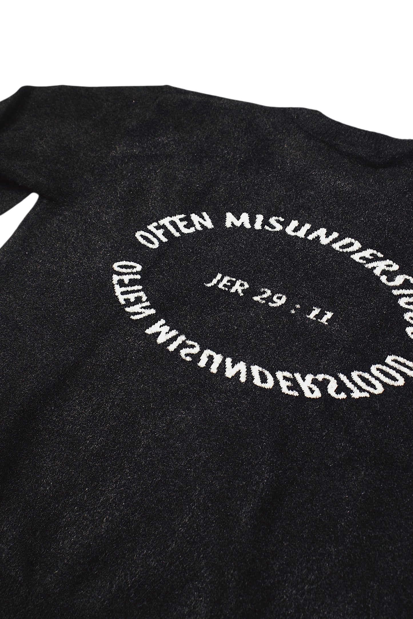 OM “Often Misunderstood – Jeremiah 29:11” Knit Crewneck Sweater (Black/White)