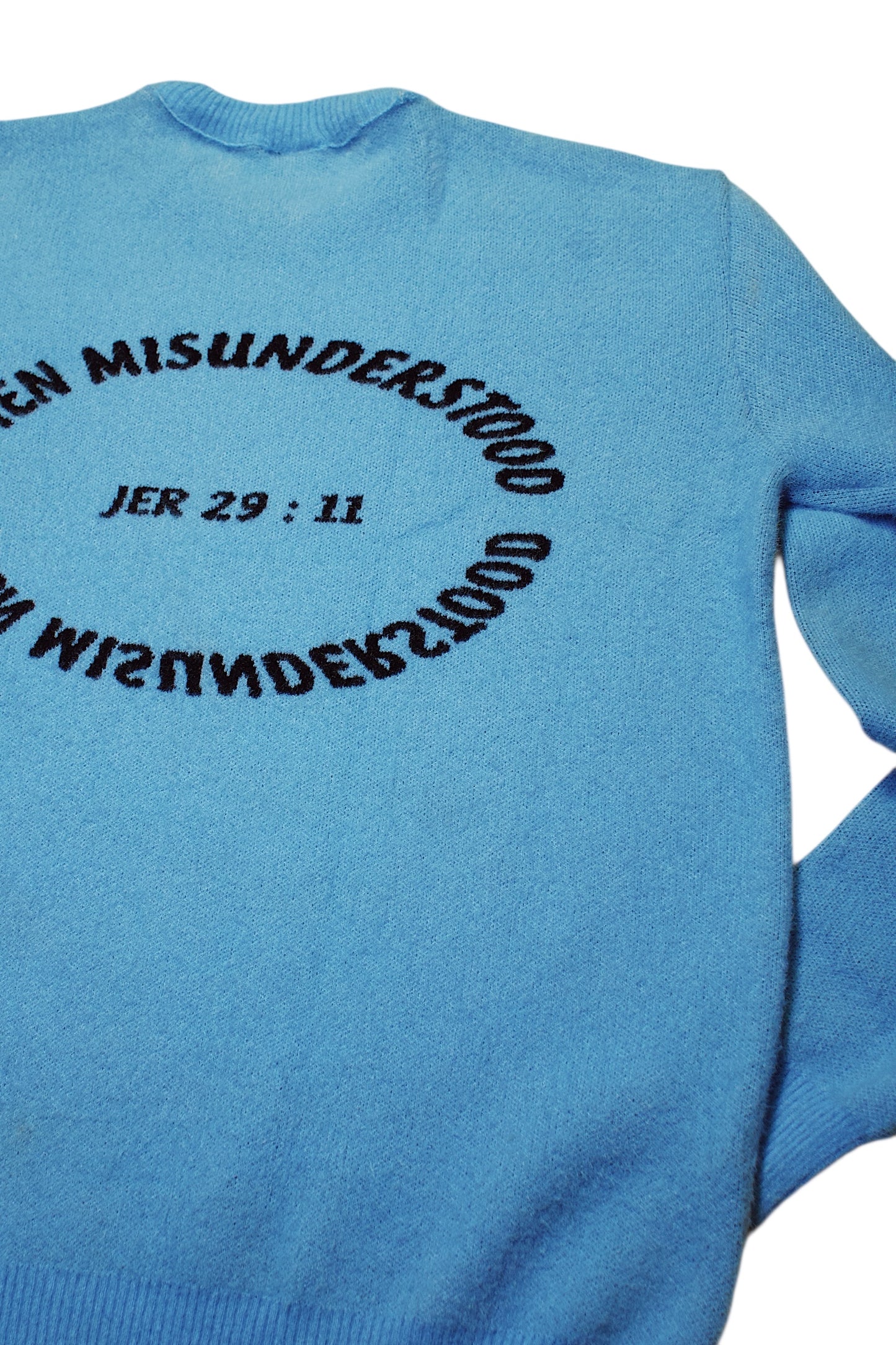 OM “Often Misunderstood | Jeremiah 29:11” Luxe Fuzzy Knit Sweater – Sky Blue/Black
